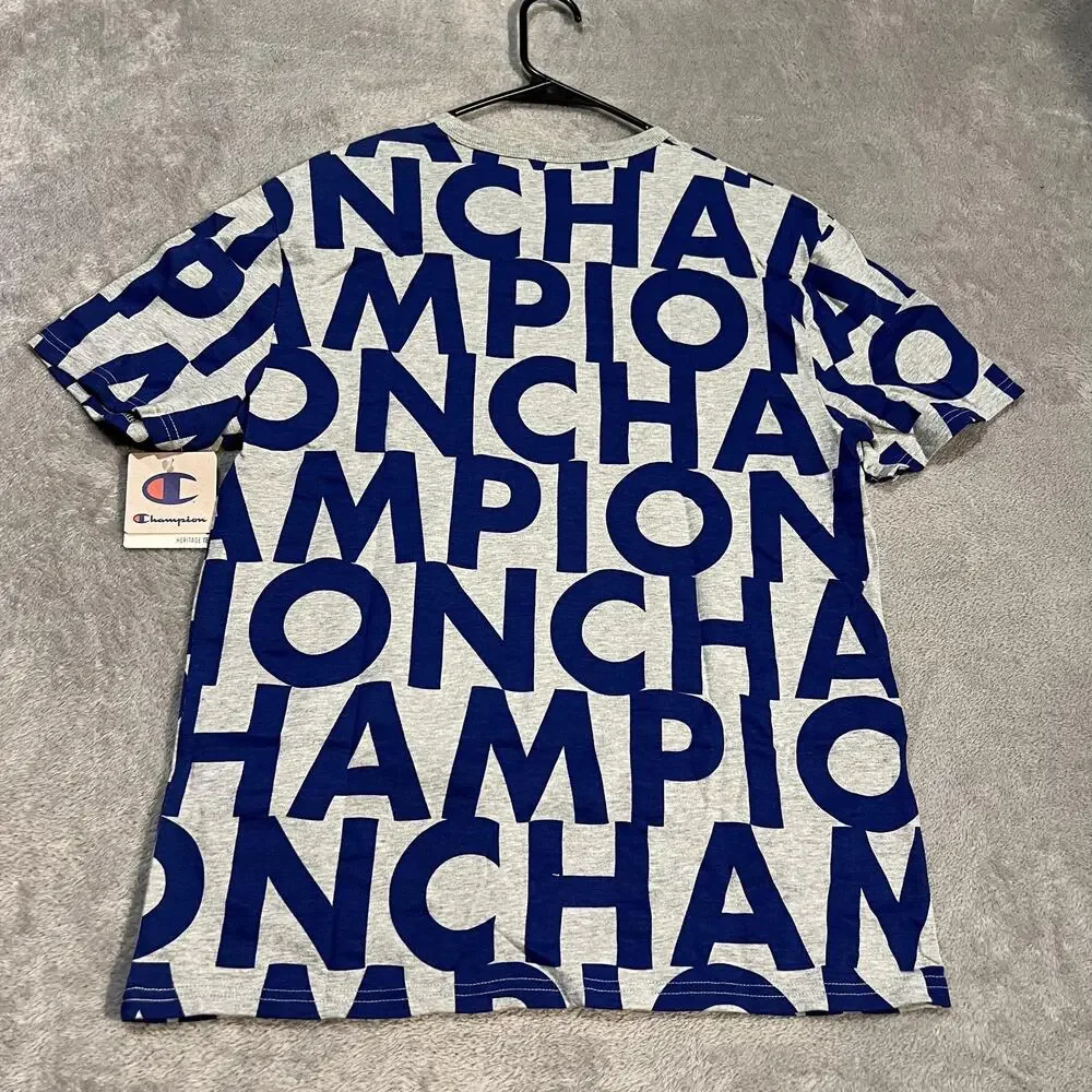 Champion Shirt Mens Medium Gray Blue All Over Spell Out Logo Graphic T1919S - Picture 5 of 6